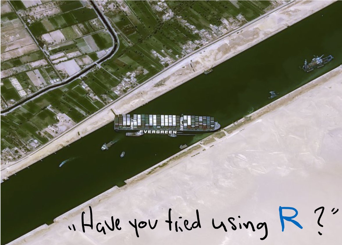 A picture of the Evergreen container ship stuck sideways in the Suez Canal